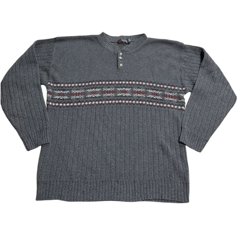 VTG Scandia Wool Sweater Fair Isle Nordic Men's Size Large Gray Cotton USA Made